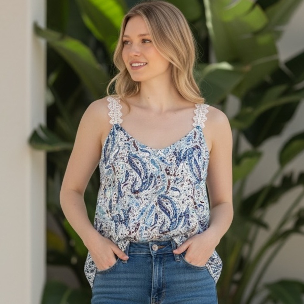 Tahari White and Blue Paisley Lace-Trim Tank Top